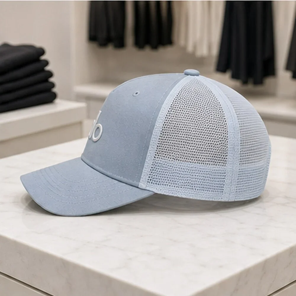ALO Yoga Mist Blue Gray Tennis Mesh Trucker Cap Hat Logo